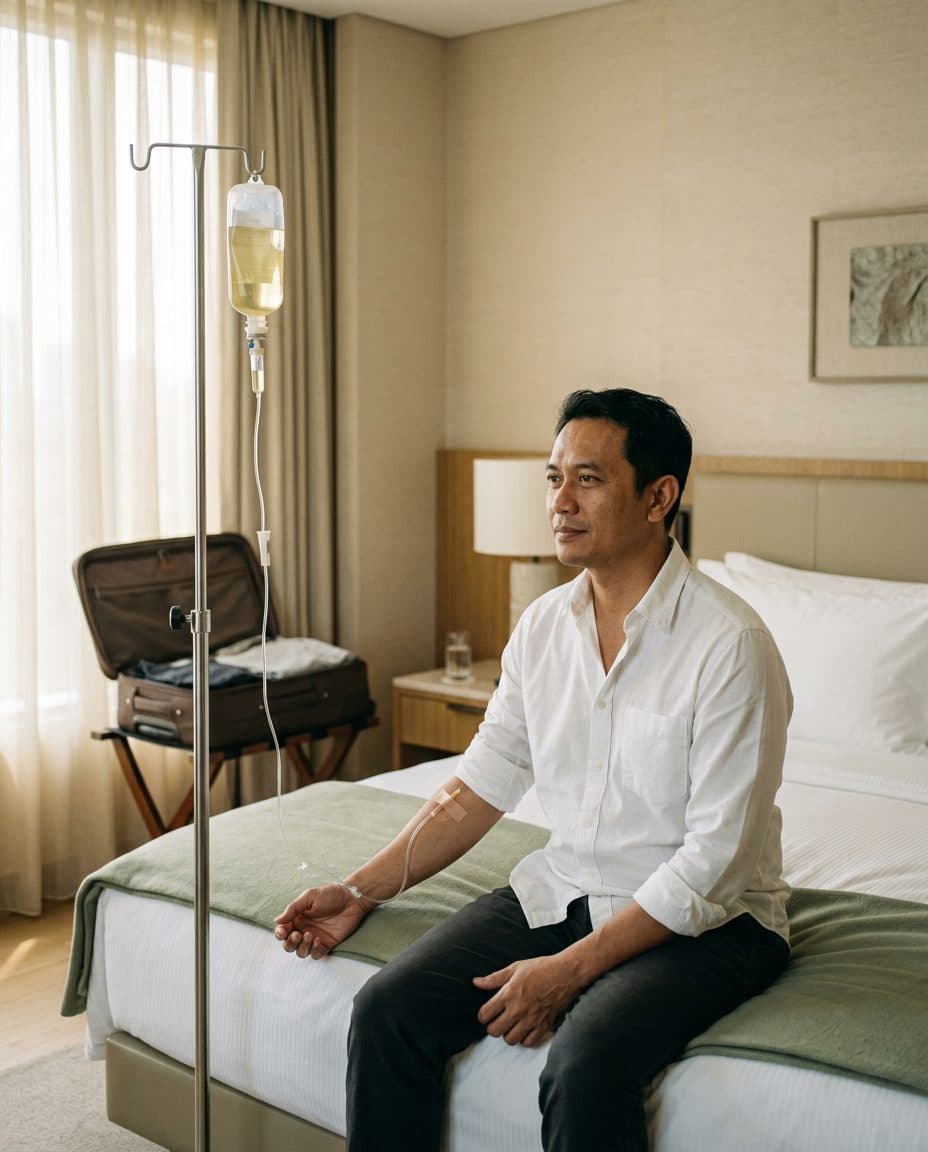 Sesi vitamin drip Recovera di kamar hotel di Jakarta