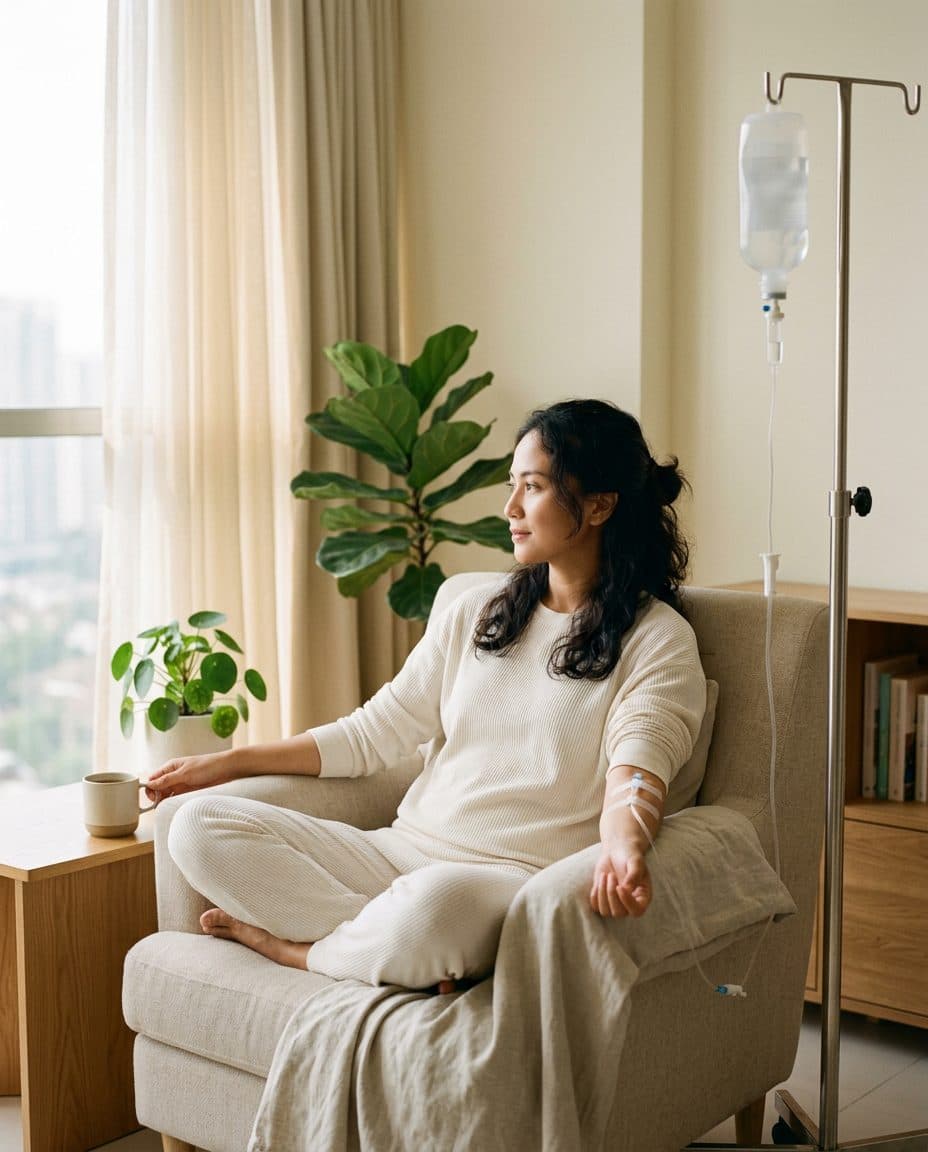 Ruang duduk apartemen di Jakarta Selatan saat sesi vitamin drip Recovera berlangsung