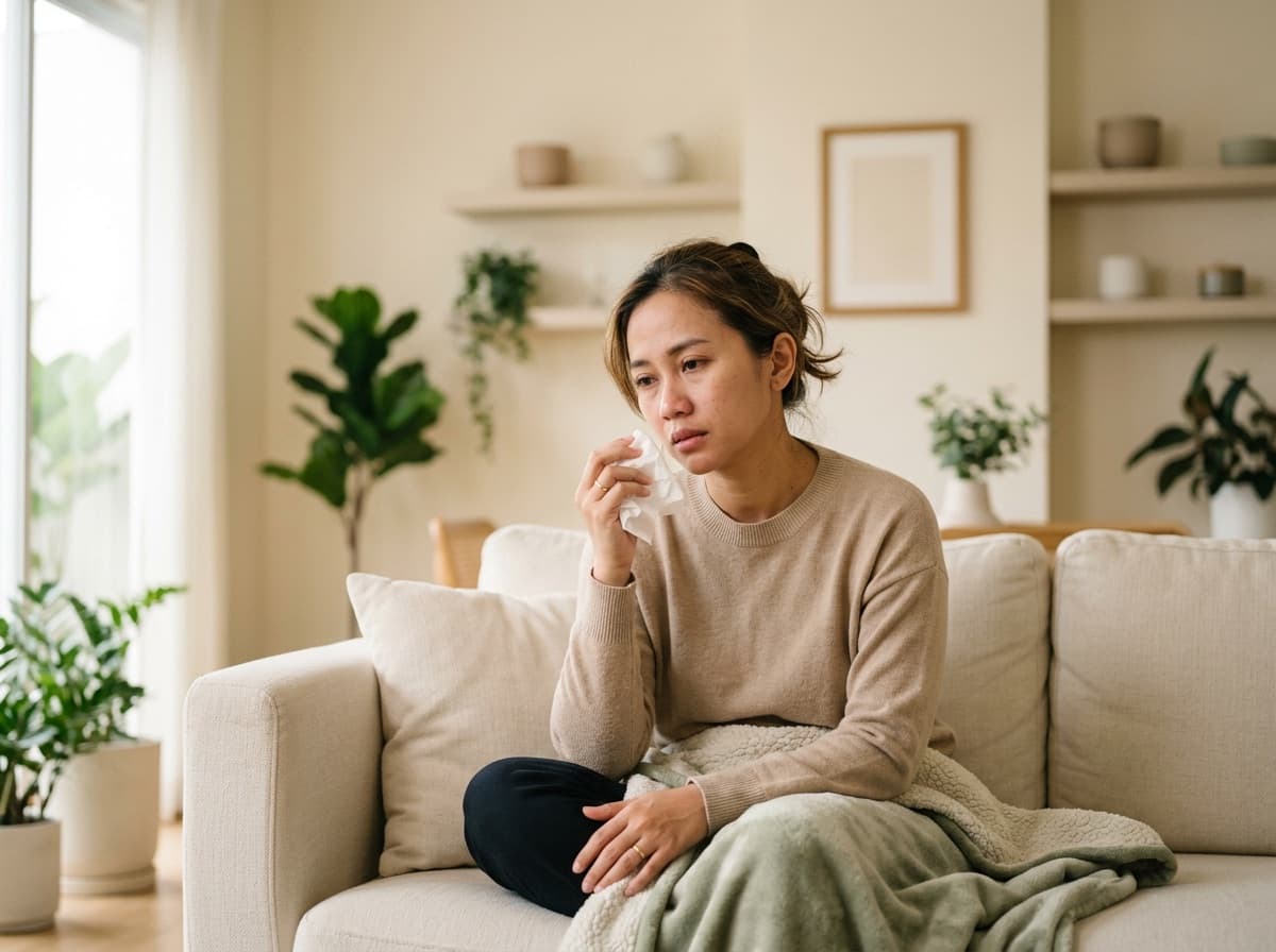 Perempuan termenung di sofa memikirkan kondisi kesehatannya