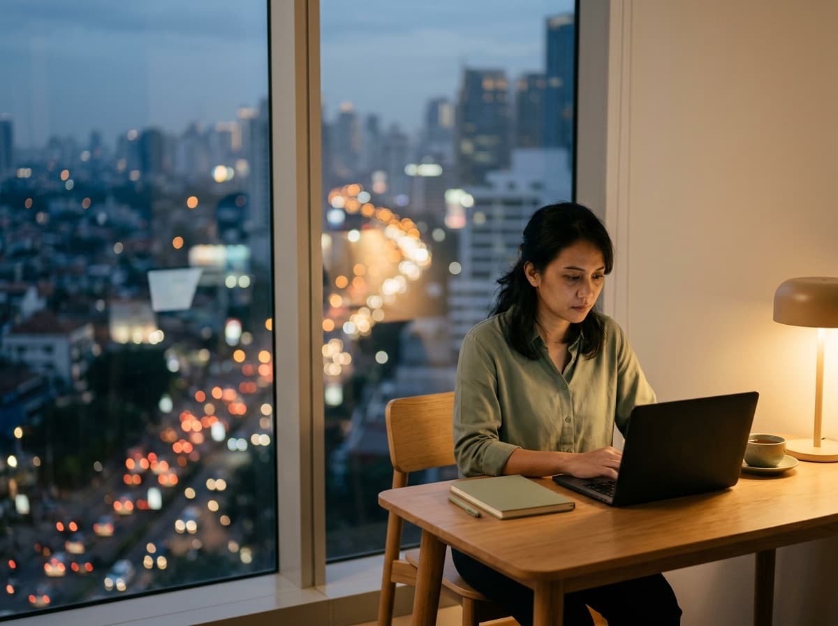 Perempuan bekerja hingga malam di apartemen dengan gaya hidup padat