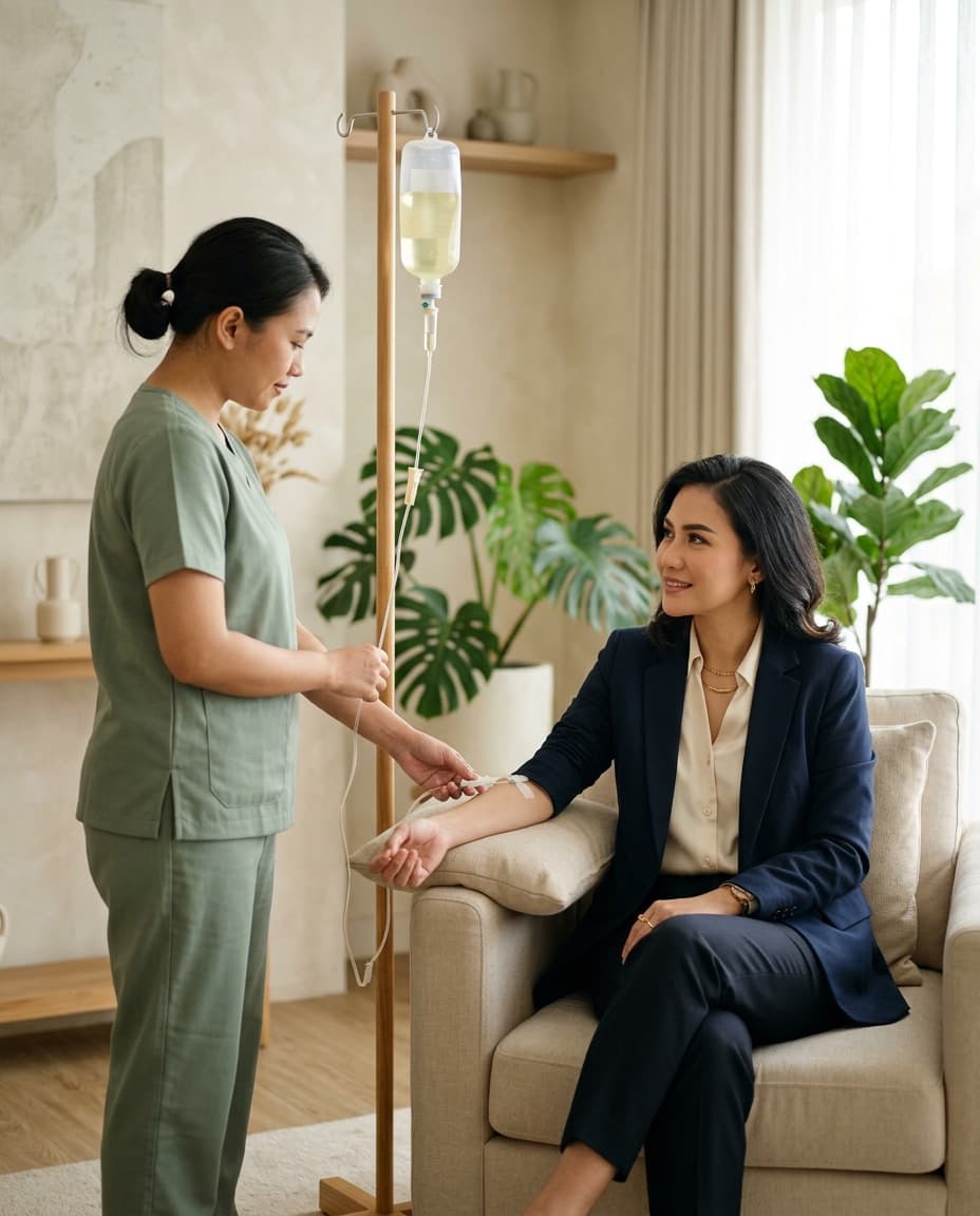 Perempuan menerima Body Balance dengan tenang di kursi, didampingi tenaga medis