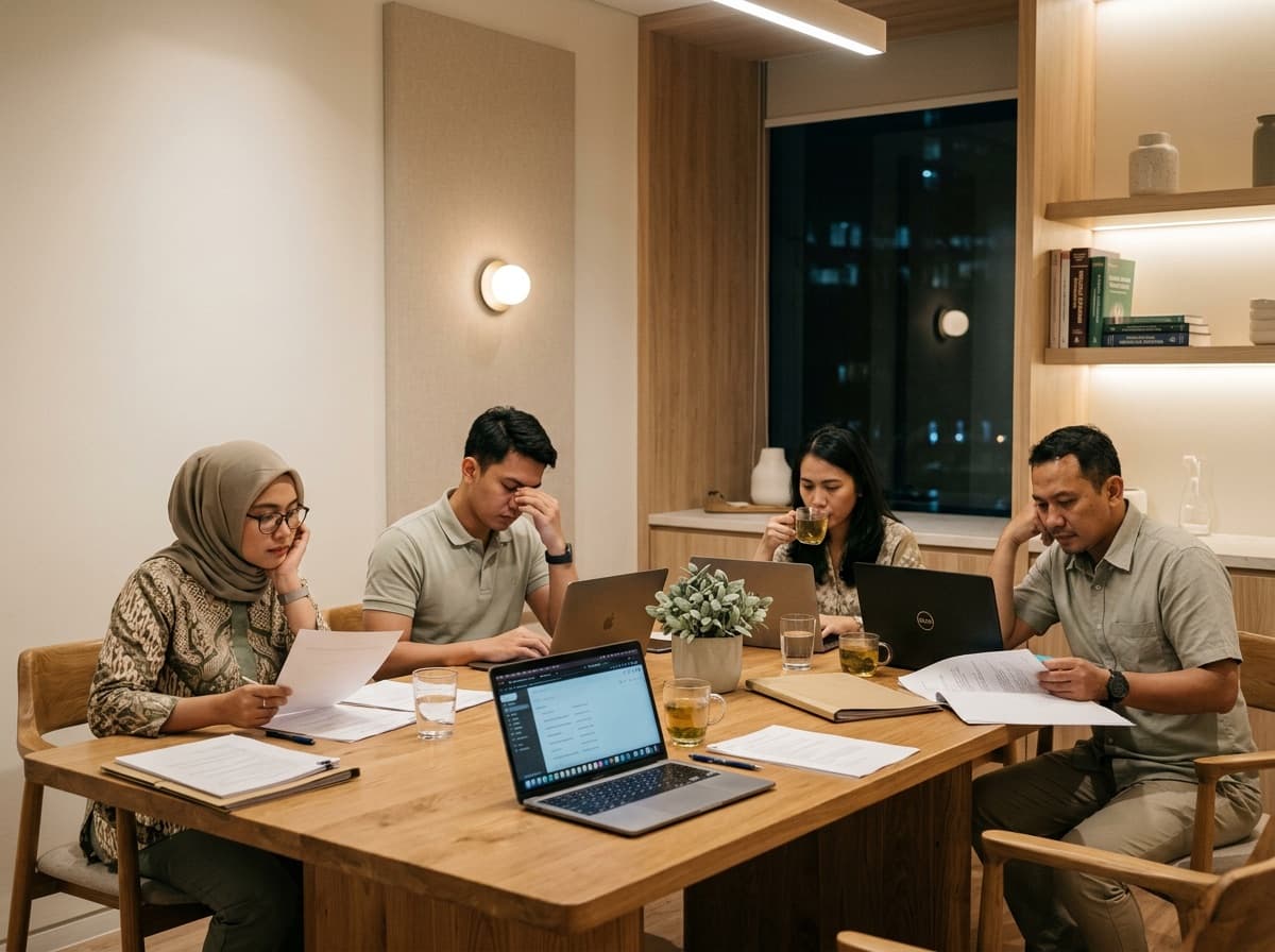 Sekelompok profesional bekerja lembur hingga malam