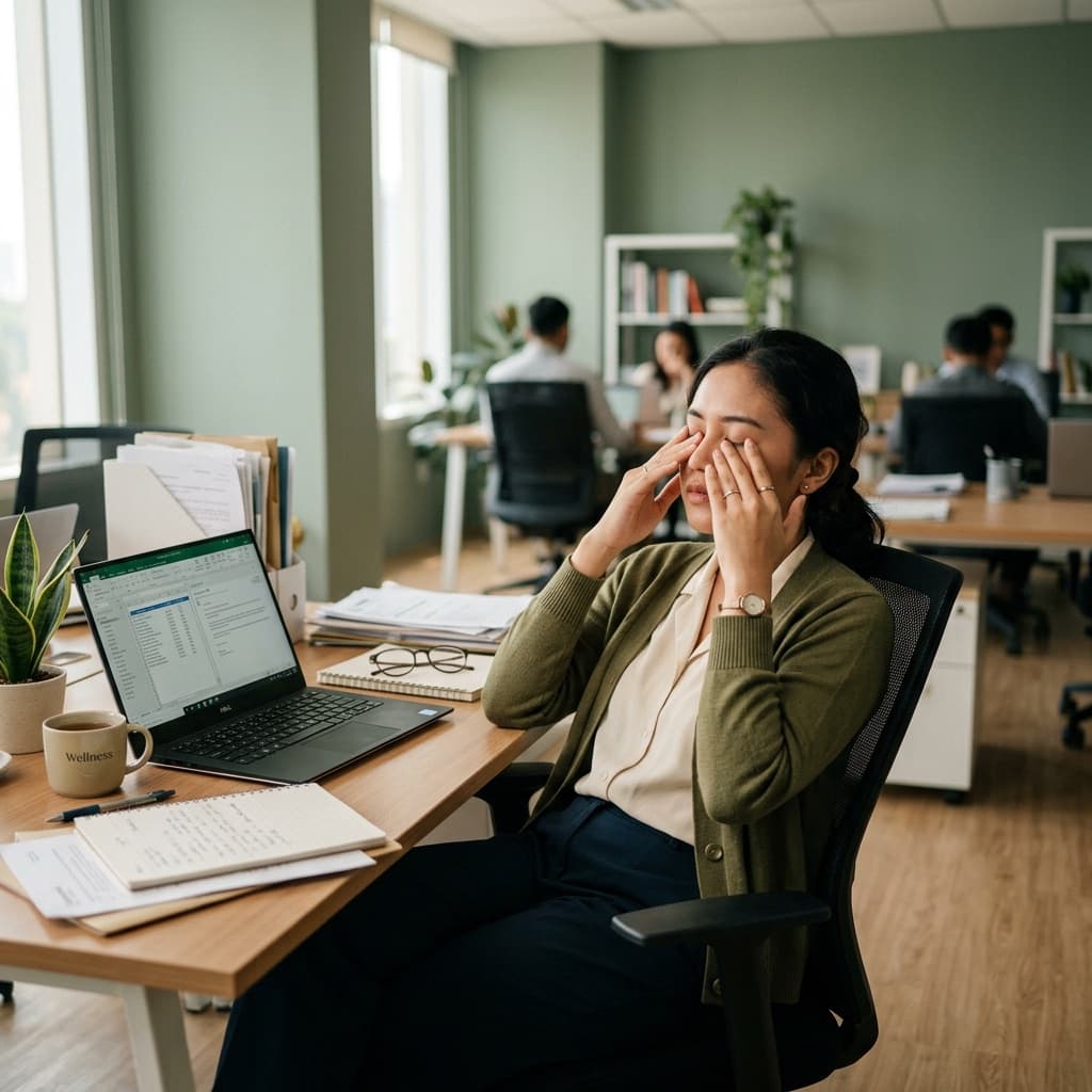 Perempuan kelelahan memijat mata di meja kantor
