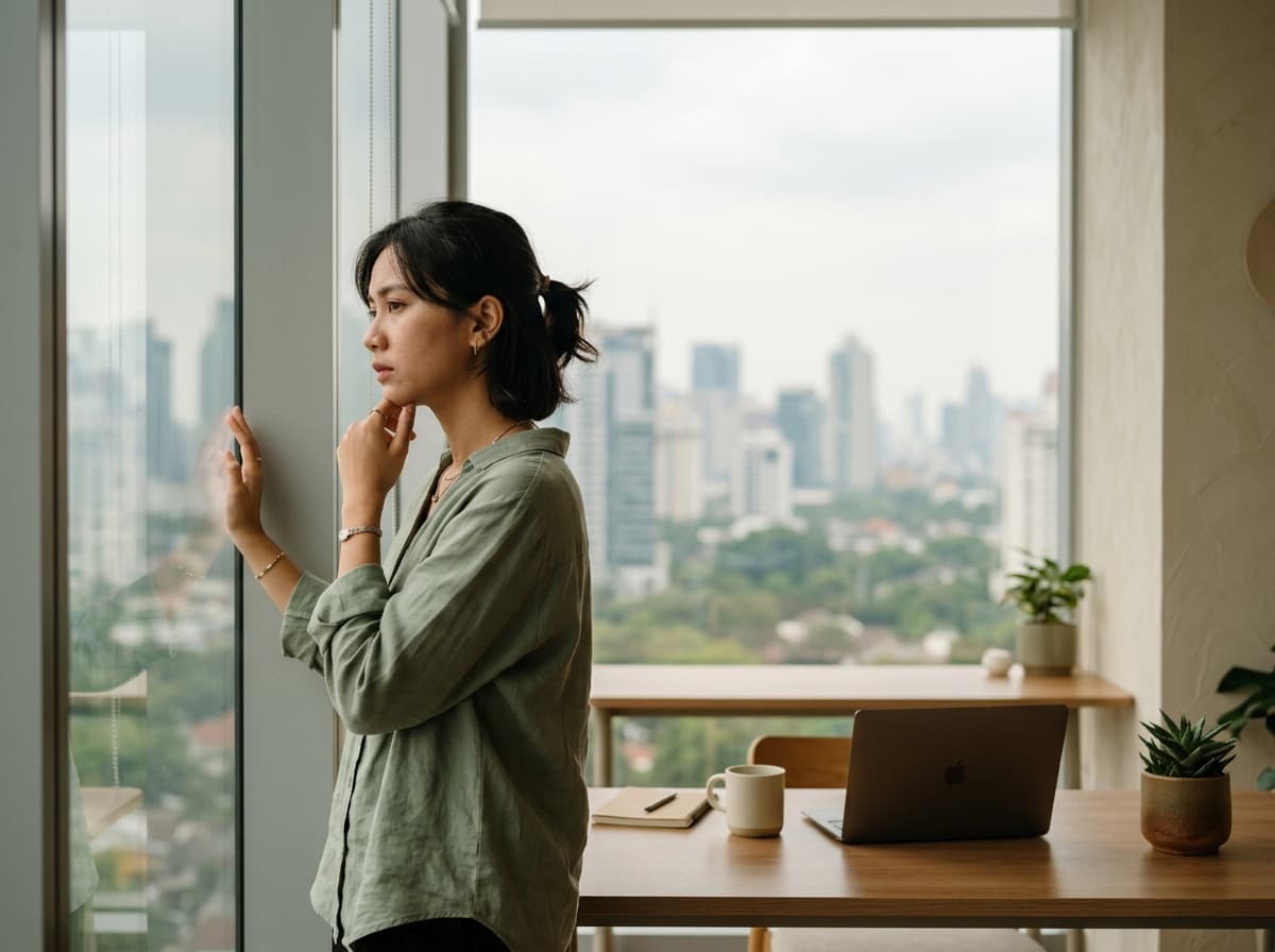 Perempuan termenung menatap kota, fokus dan tenaga terkuras