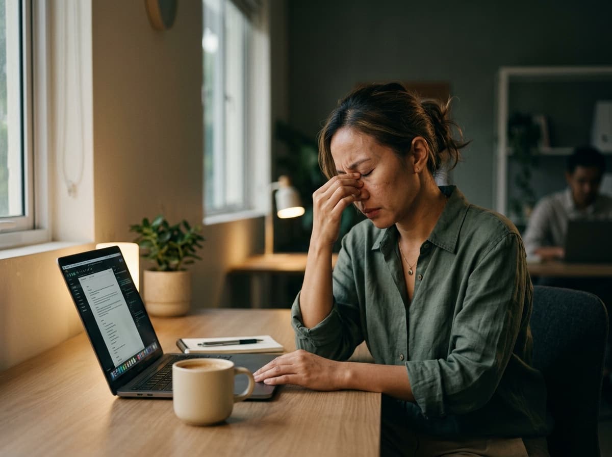 Perempuan kelelahan memijat pangkal hidung di depan laptop