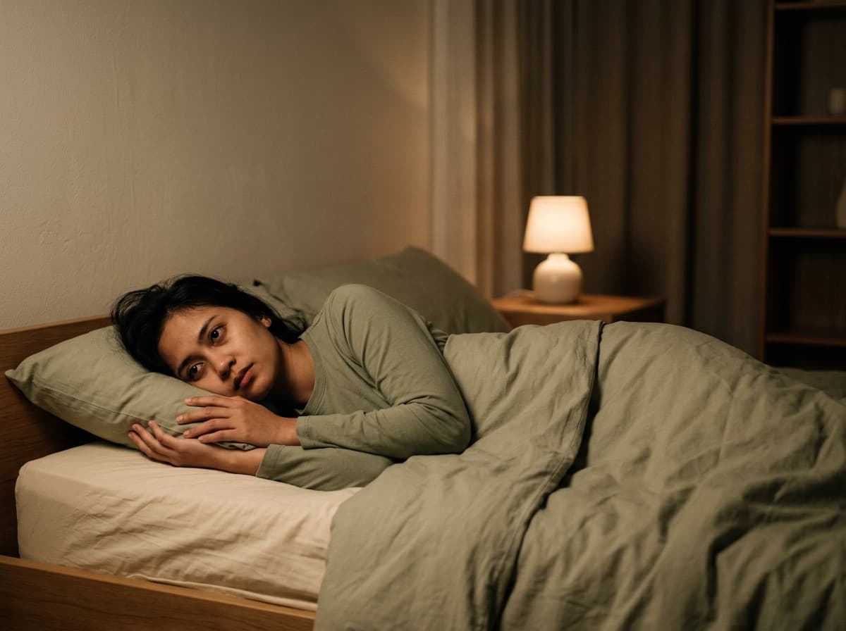 Perempuan berbaring terjaga di tempat tidur, sulit tidur