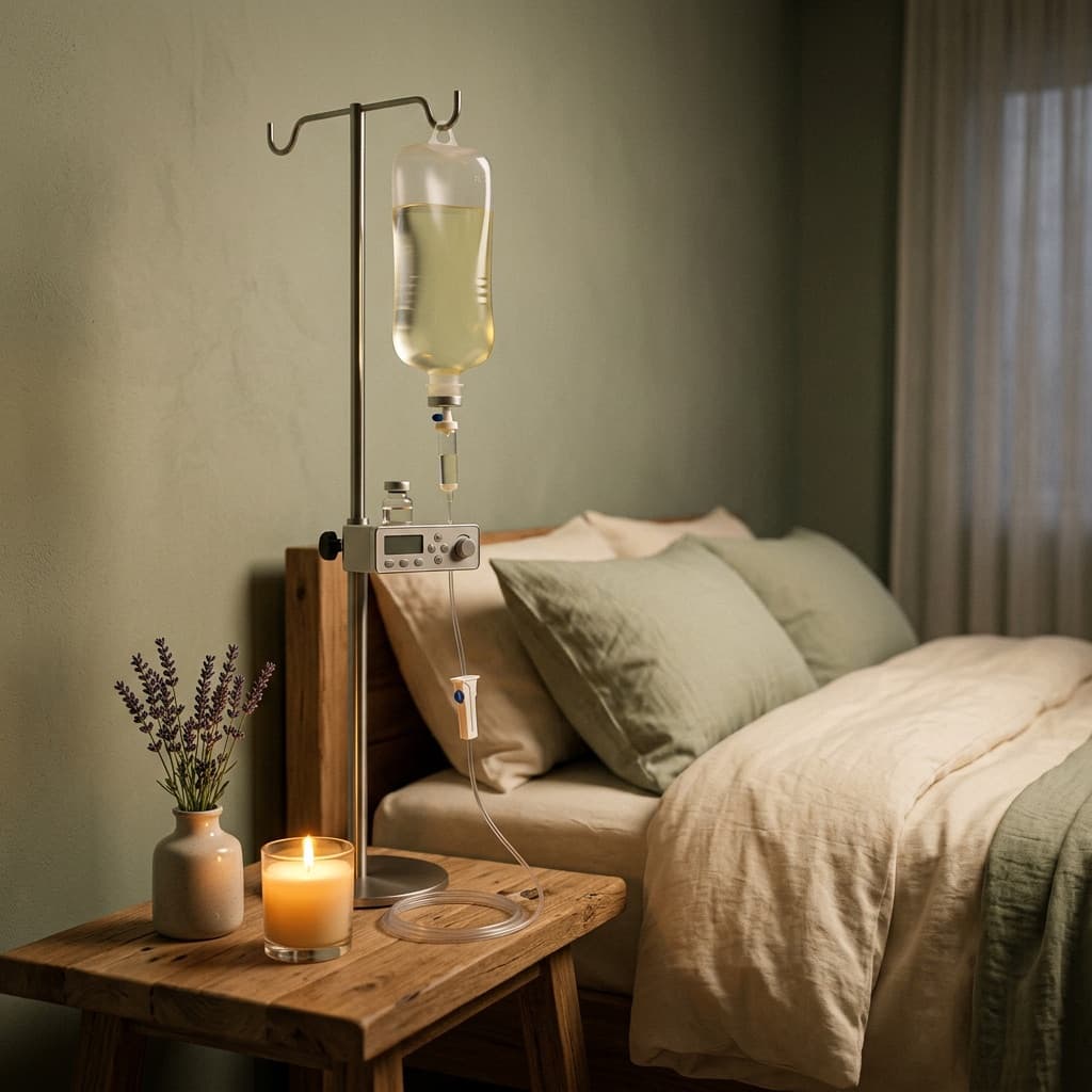 Sudut kamar tenang dengan tiang infus dan lavender untuk sesi Calm Drip