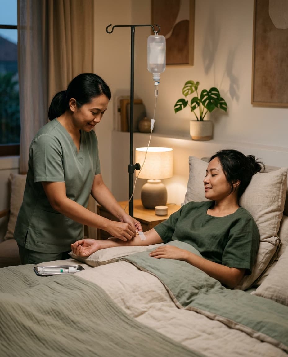 Perempuan bersantai di tempat tidur menerima Calm Drip dari tenaga medis