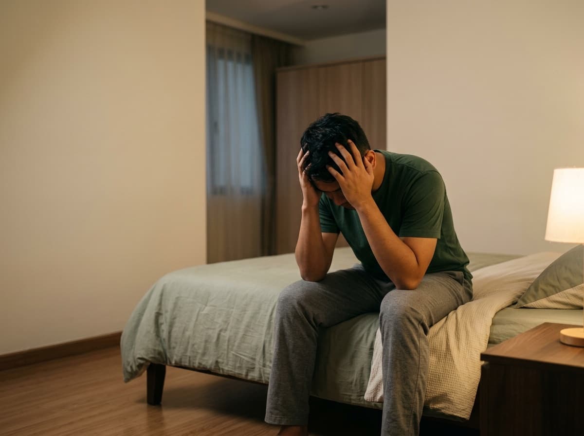 Pria duduk di tepi ranjang malam hari, sulit tidur dan tertekan