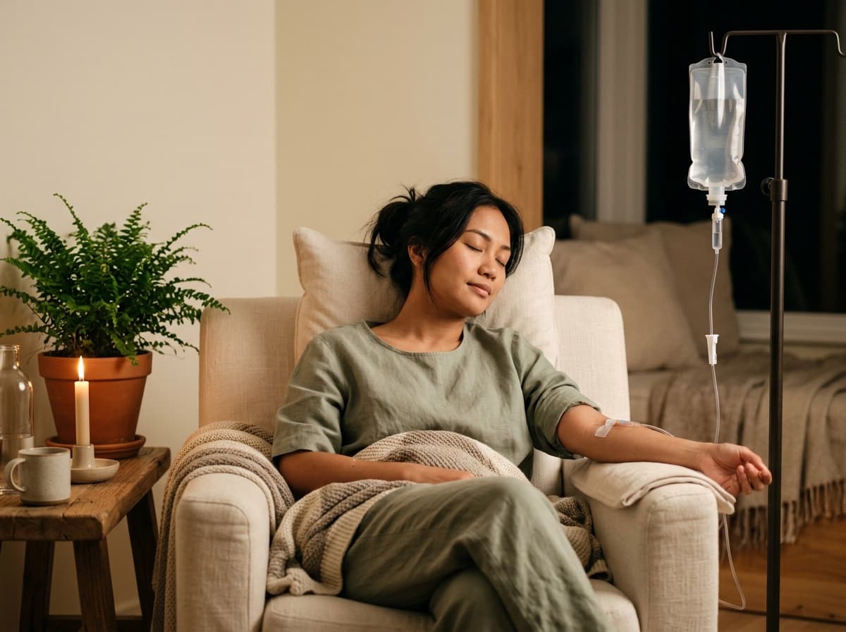 Perempuan bersantai menerima Calm Drip di kursi ditemani lilin