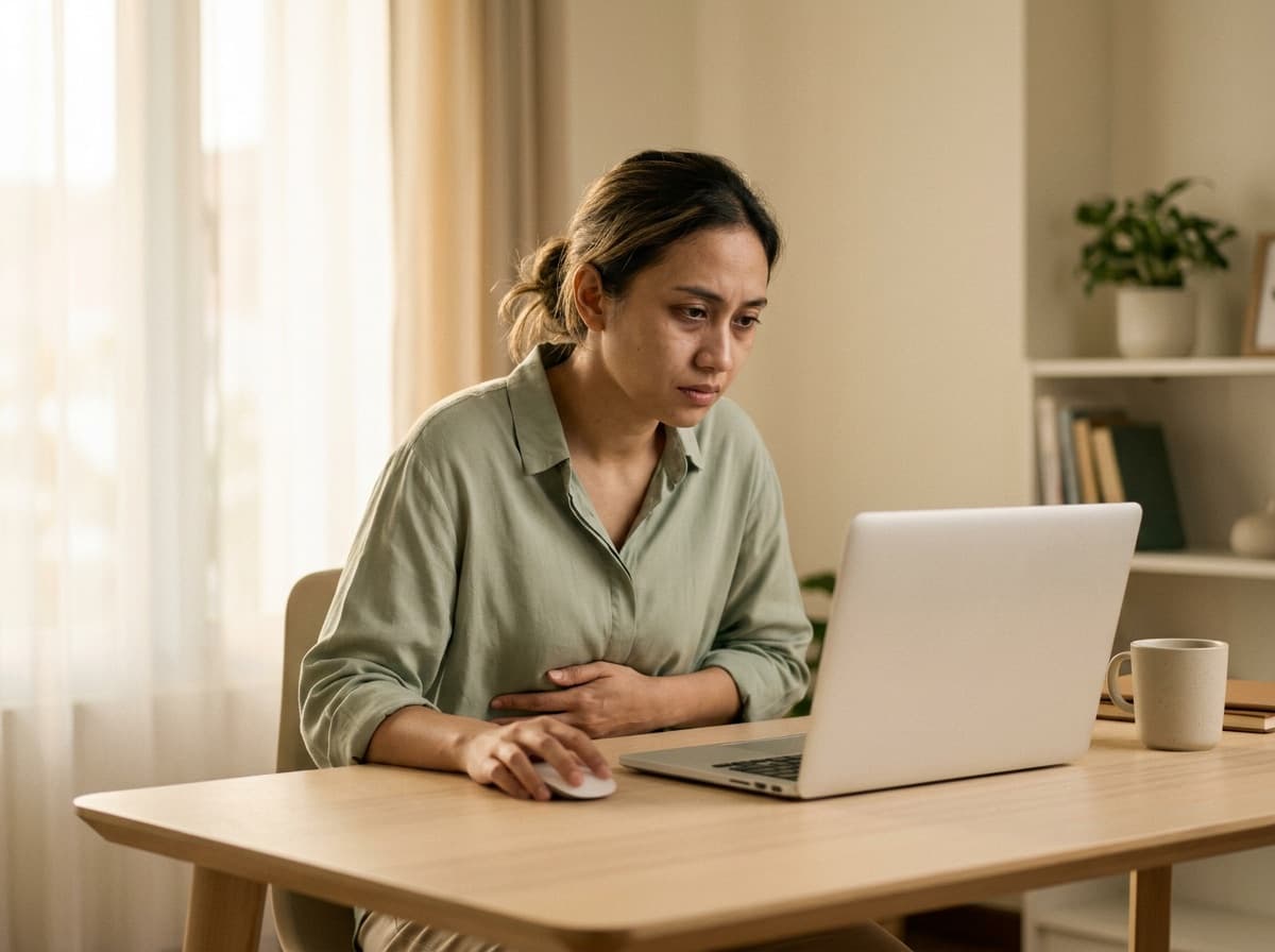 Perempuan memegang perut sambil memaksakan diri bekerja di laptop