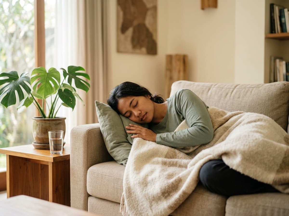 Perempuan lemas beristirahat berselimut di sofa