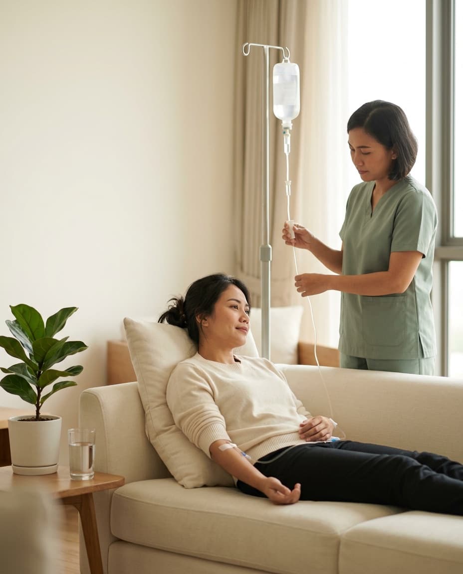 Perempuan menerima Ease Drip dengan tenang di sofa didampingi tenaga medis