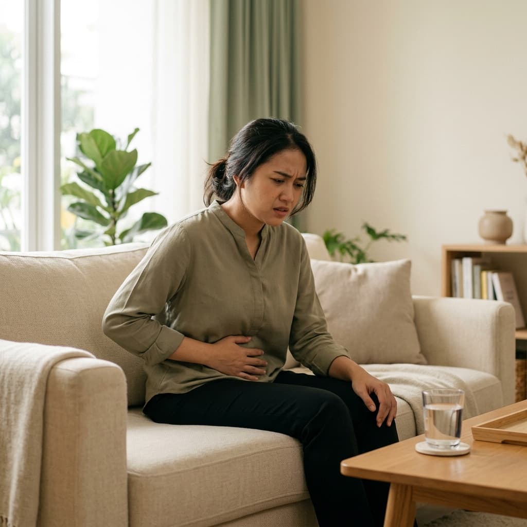 Perempuan duduk di sofa memegang perut karena mual dan tidak enak badan