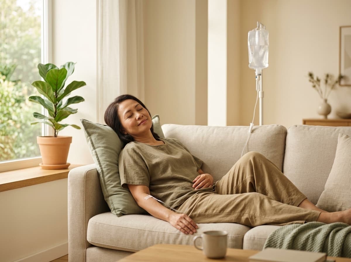 Perempuan bersantai menerima Ease Drip di sofa rumah