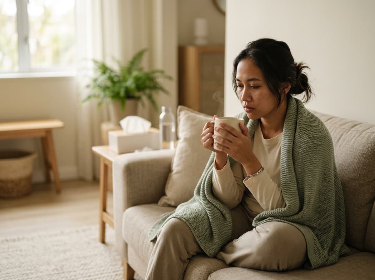 Perempuan berselimut sambil memegang mug saat sedang sakit flu