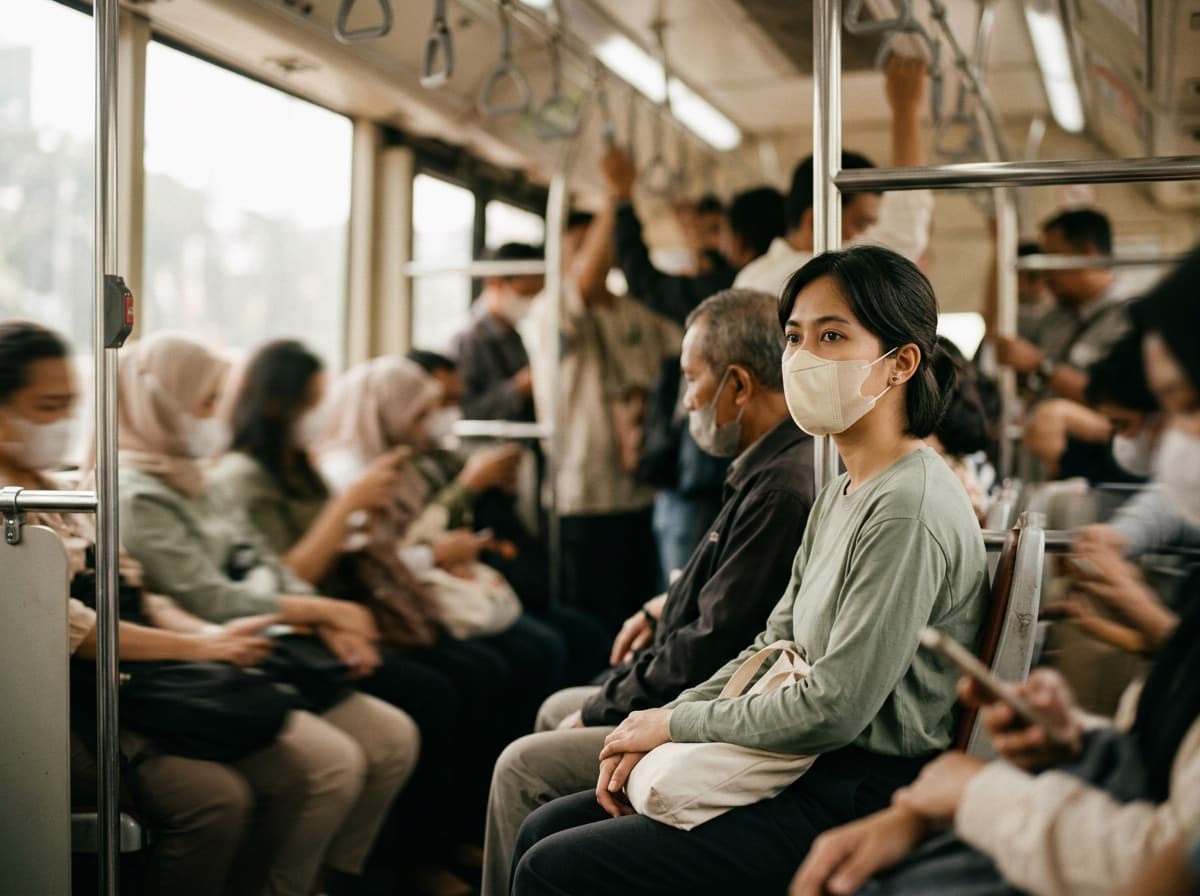 Penumpang KRL padat mengenakan masker di tengah kota
