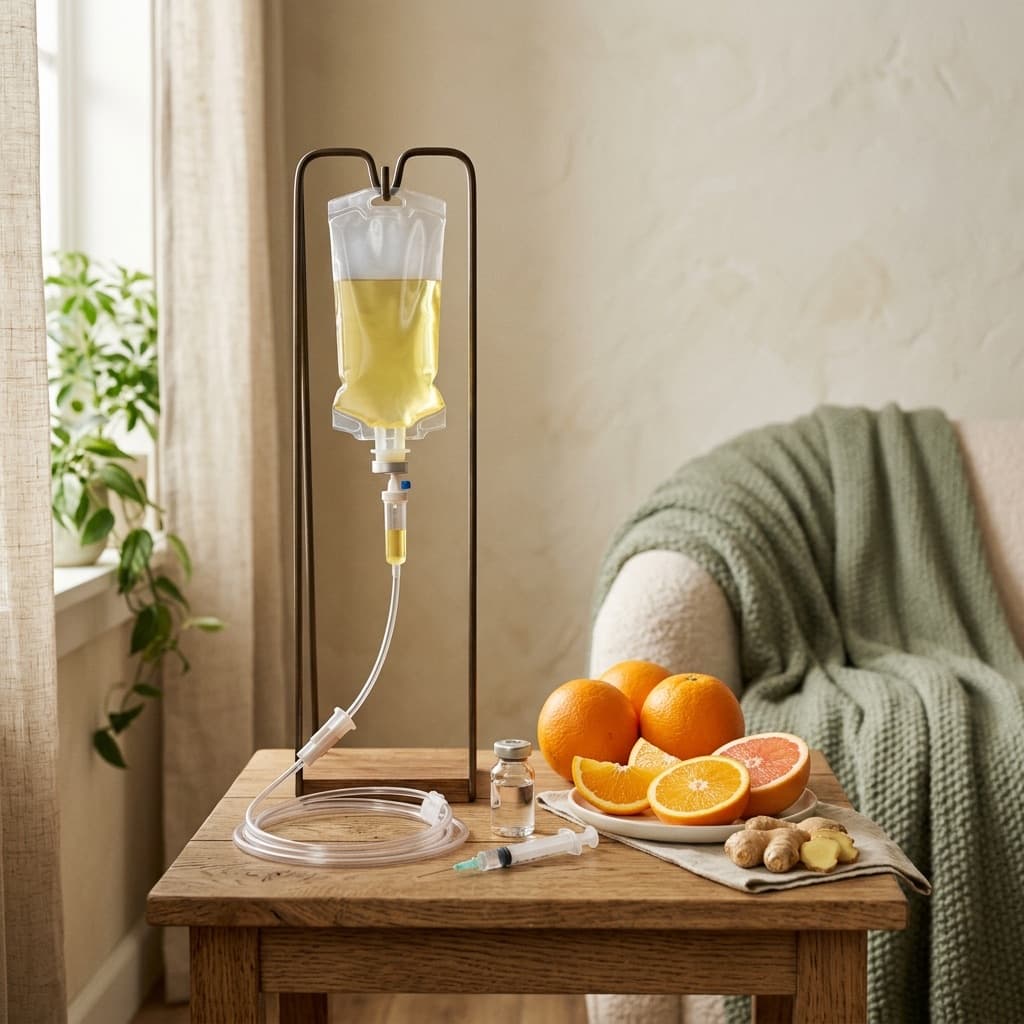 Kantong infus vitamin C dengan jeruk dan jahe untuk sesi Flu Shield