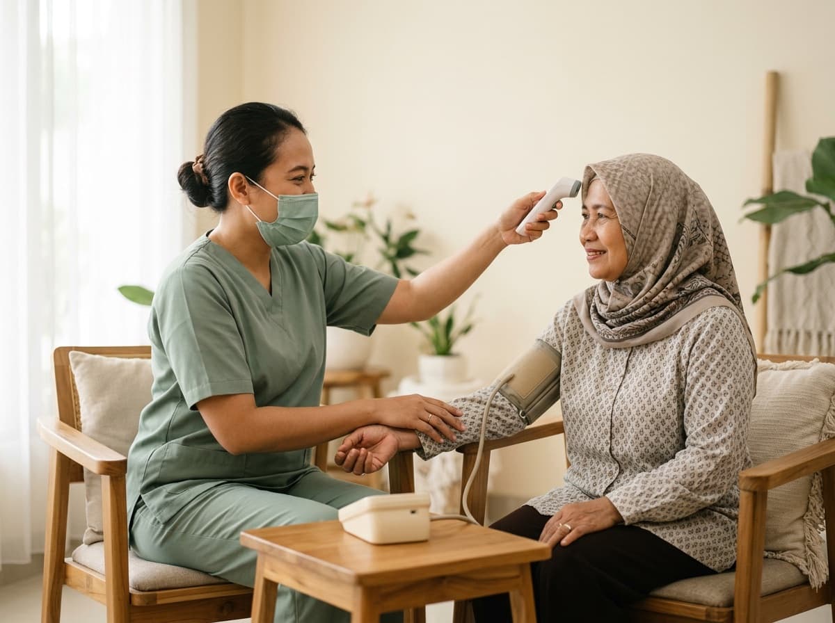 Tenaga medis memeriksa suhu dan tekanan darah sebelum sesi