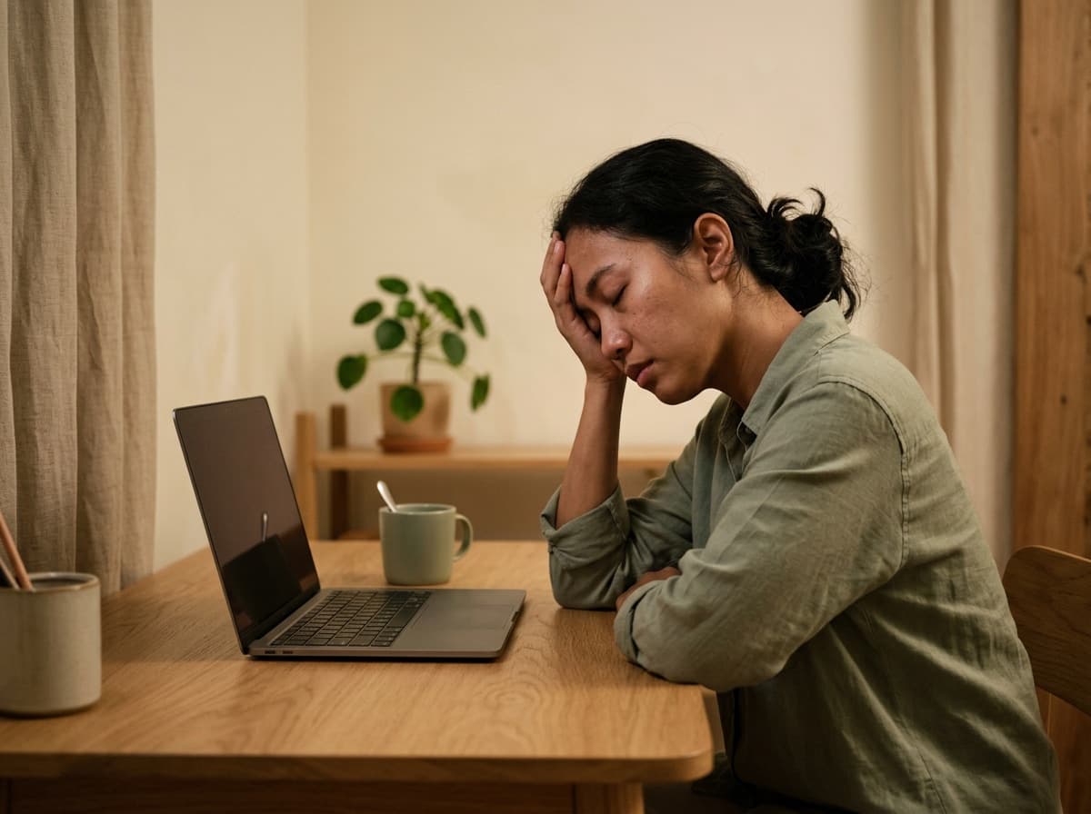 Perempuan kelelahan menutup wajah di depan laptop pada malam hari