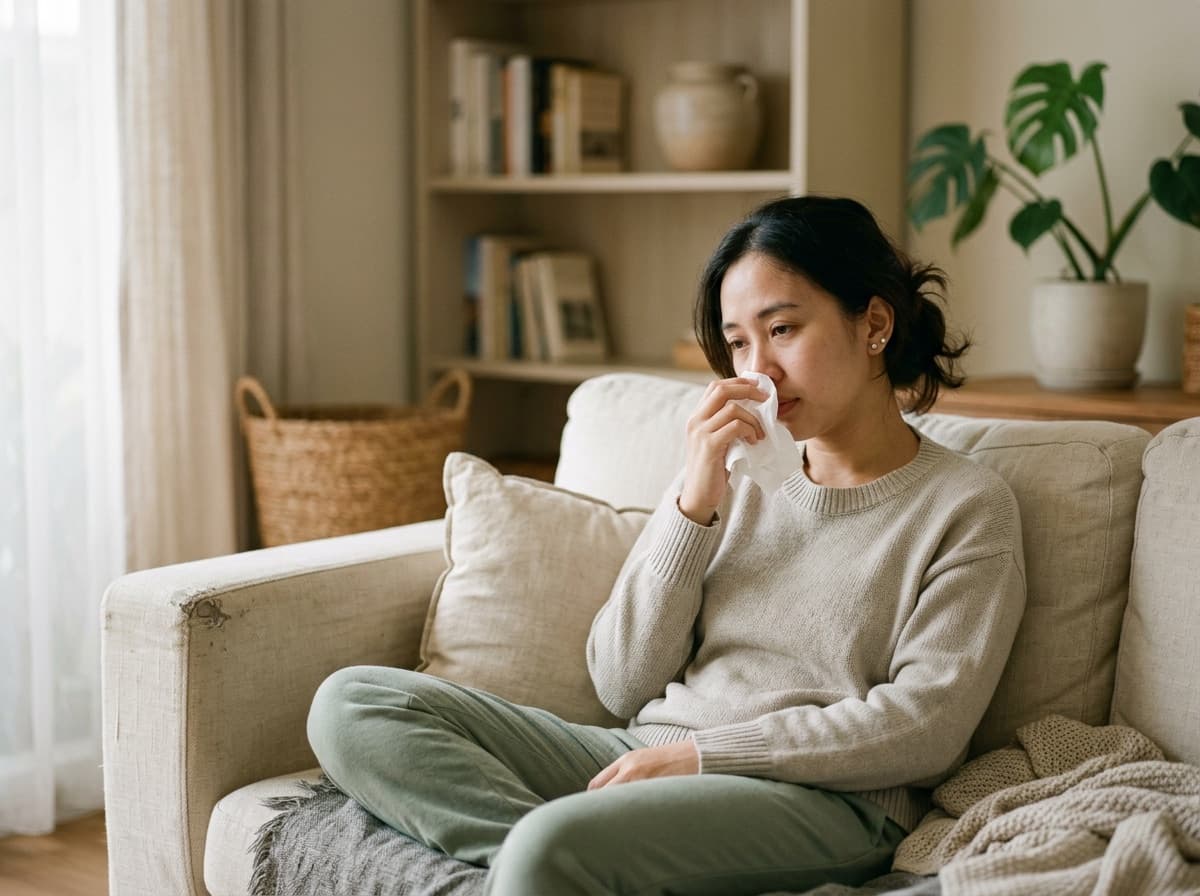 Perempuan sedang pilek memegang tisu di sofa rumah
