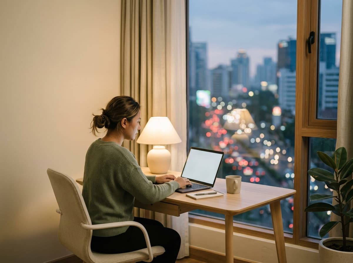 Perempuan bekerja lembur di apartemen dengan latar lampu kota malam