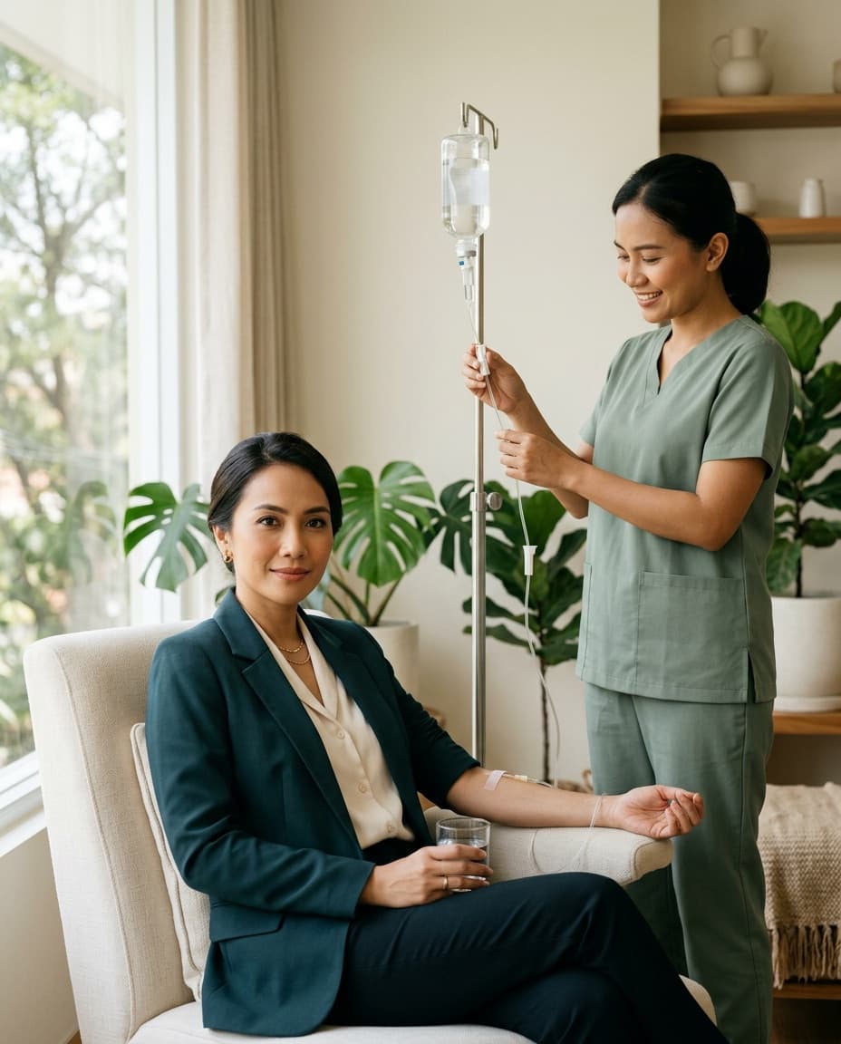 Profesional menerima Prime Drip dengan tenang di kursi, didampingi tenaga medis