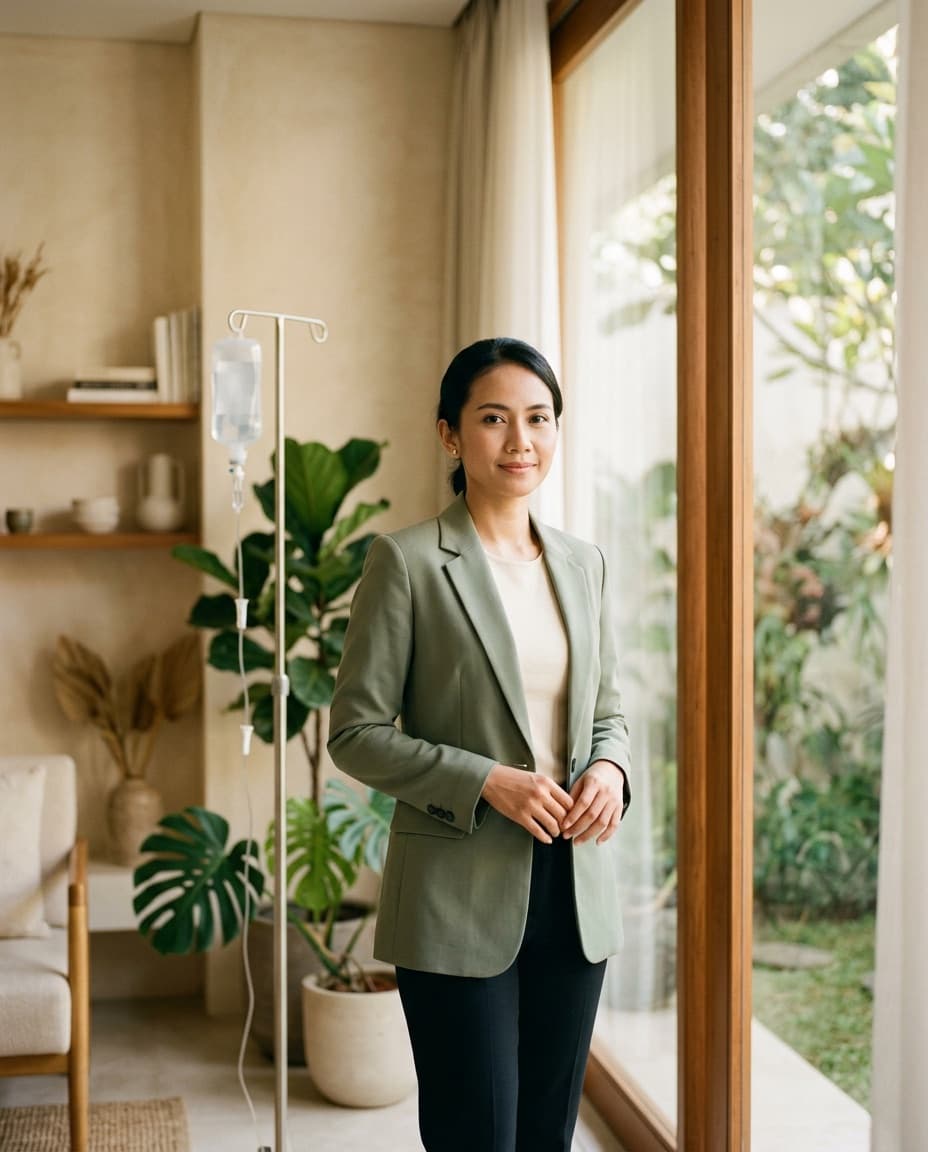 Perempuan profesional berdiri tenang di ruang tamu yang terang, dengan tiang infus siap di sampingnya