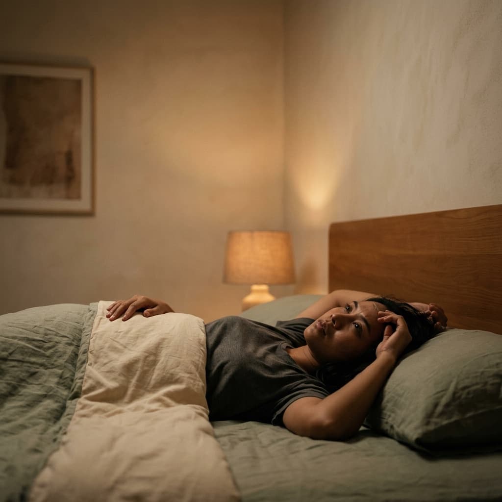 Perempuan berbaring memegang pelipis karena sakit kepala
