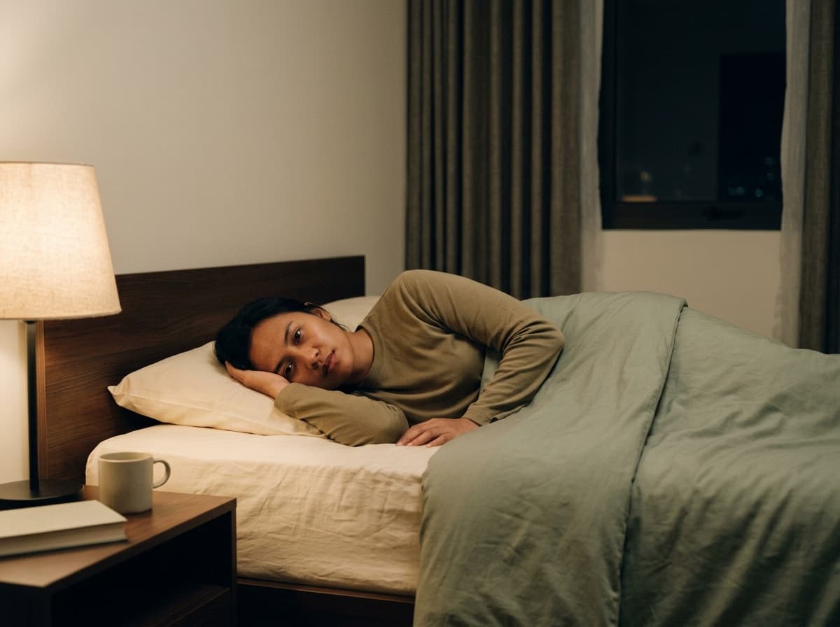Perempuan berbaring di tempat tidur, badan terasa kurang enak