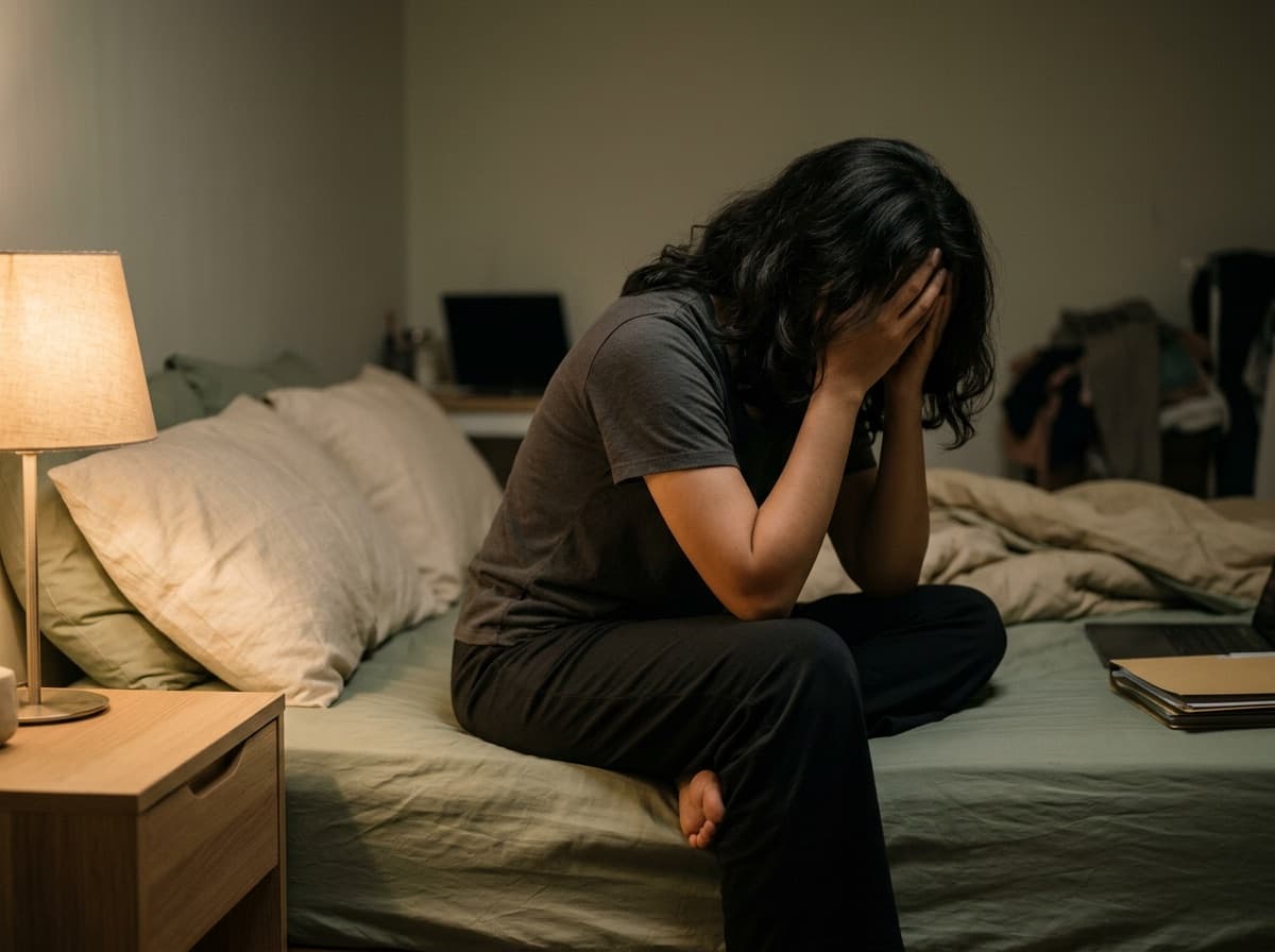 Perempuan duduk di tepi ranjang memegang kepala karena sakit kepala dan lelah