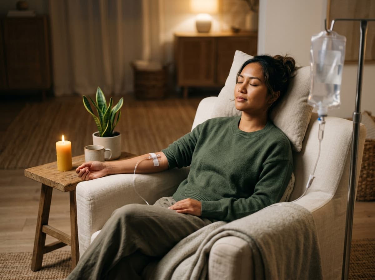 Perempuan bersantai menerima Relief Drip di kursi ditemani lilin