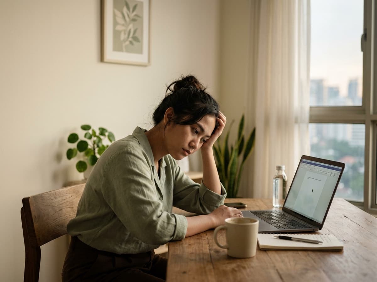 Perempuan kelelahan menatap laptop sambil memegang kepala