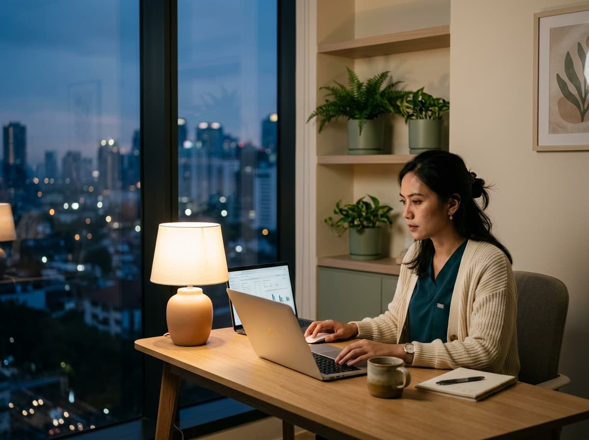 Perempuan lembur bekerja di laptop hingga larut malam
